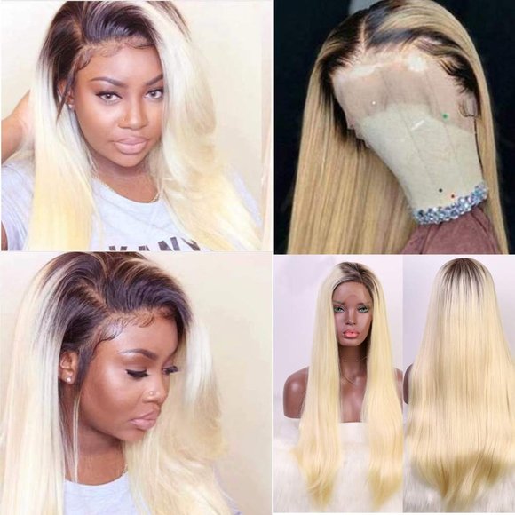 Ombre Lace Front Wig Blonde Human Hair Dark Roots Silky Straight 16 inches 150% main image 6